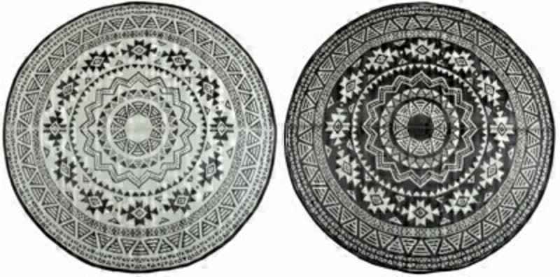 Round Rug Black Mosaic Garden Carpet Large Round Garden Carpet/Rug in black and white Mosaic design by Fallen Fruits. This waterproof carpet is perfect for outdoor use in all weathers. Made using 100% Recycled Polypropylene - UV and frost resistant whilst being made from recycled materials an environmentally friendly addition to your outdoor space. Bring the comfort of your living room into your garden with this Samti rug being the perfect finishing flourish. Not only is this rug ideal for gardens but also can be taken to the beach/park/garden/camping/festivals or anywhere that you need to sit on the ground really. Dimensions 180cm x 8cm
